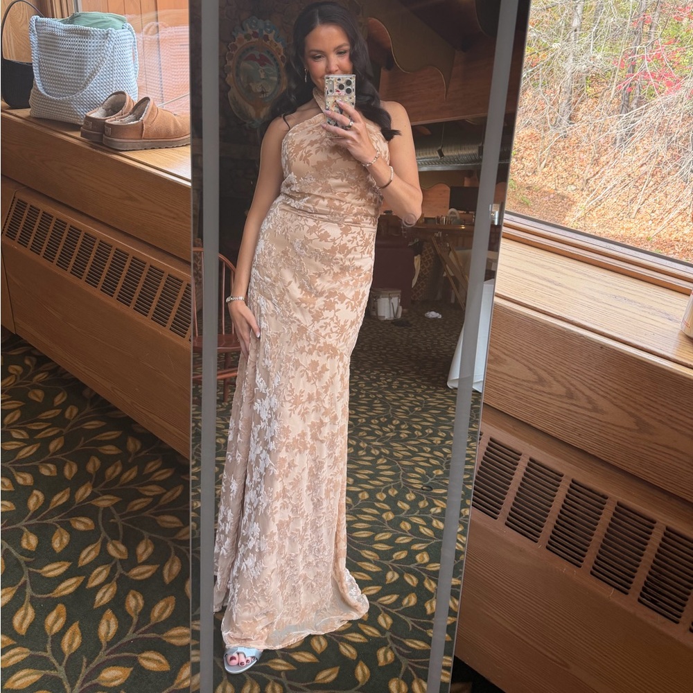 Revelry Athena Floral Burnout Dress in Gold Champagne